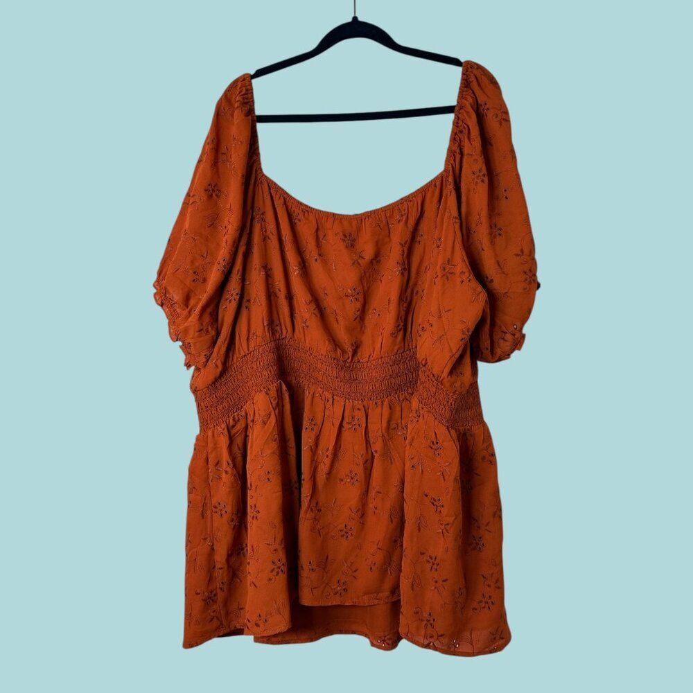 Torrid Georgette Eyelet Smoked Waist Puff Sleeve Cinnamon Brown Size 4 (26) NEW - Picture 3 of 8